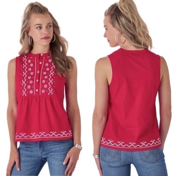 NWT Wrangler Hot Pink Retro Woven Embroidered Sleeveless Top Tank Size Small - Picture 1 of 8